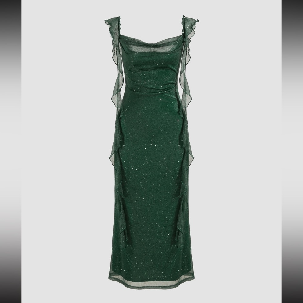 Cider COWL NECK SOLID GLITTER RUFFLE HEM MAXI DRESS NWT